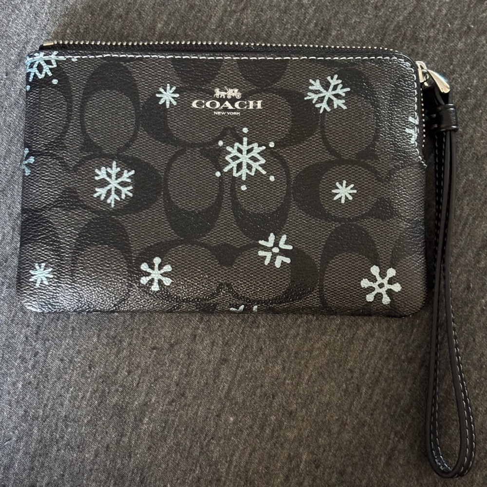 Coach Black Wristlet with Blue Snowflakes